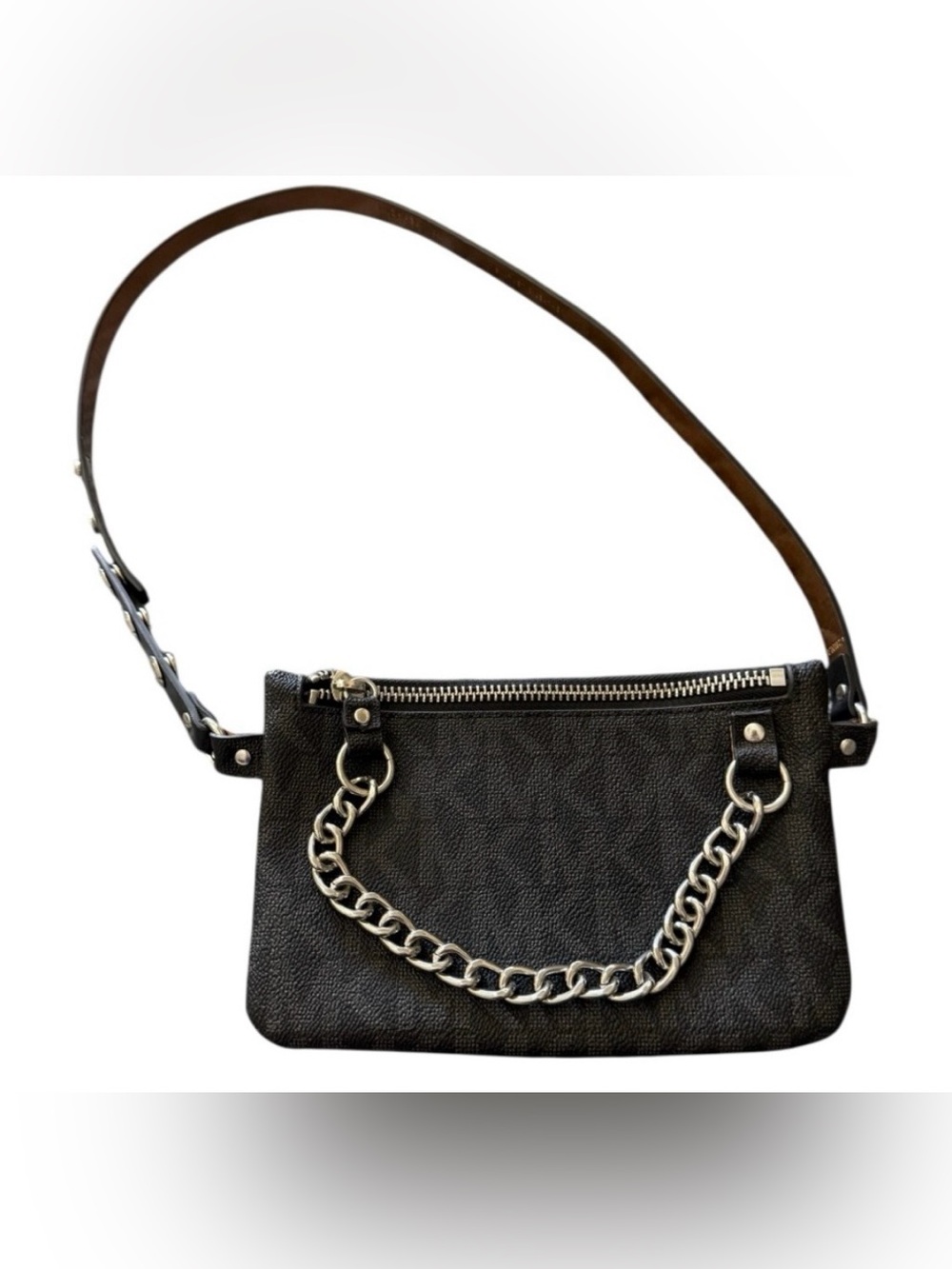 Michael Kors Signature faux leather black & gray belt bag with a silver chain